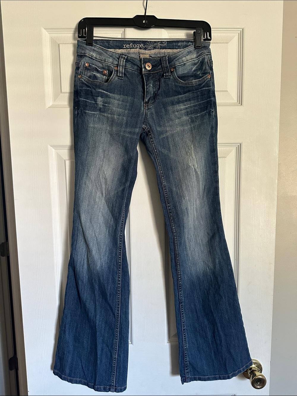 refuge Distressed Mid-Rise Blue Flare Jeans